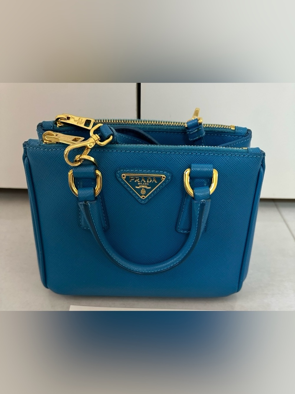 Authentic Prada Saffiano Leather Mini Tote Bag Blue